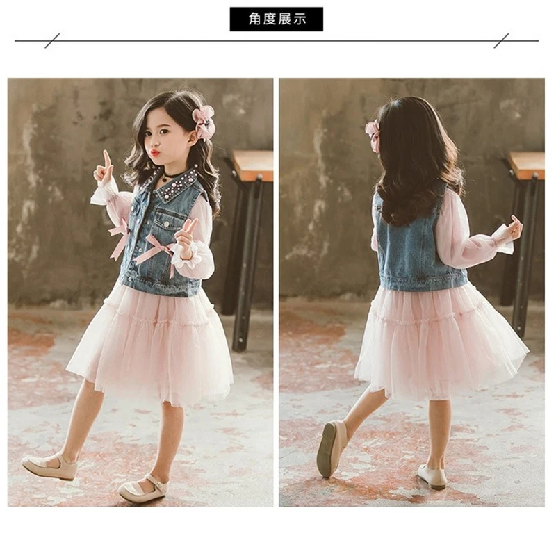 2 шт./компл. одежда для маленьких девочек джинсовый жилет с бантом + розовое