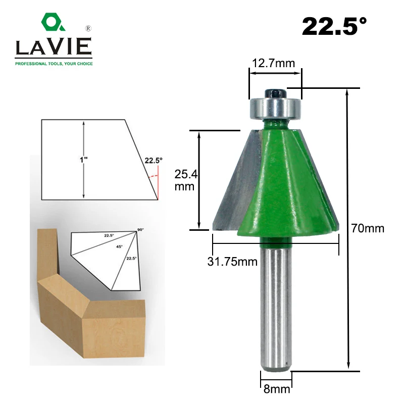 LAVIE 1 шт. 8 мм хвостовик Фаска фрезы 22,5 Градусов Конические кромки фрезы для дерева Woodorking станки MC02110-22.5