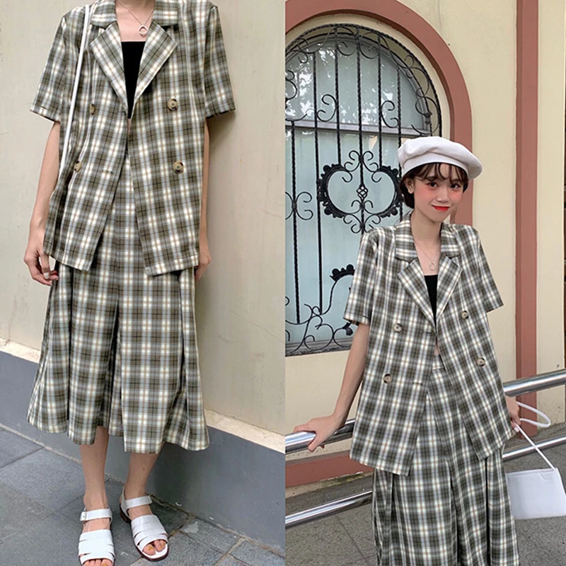 Женский летний костюм с юбкой клетчатый блейзер в Корейском стиле деловой пиджак