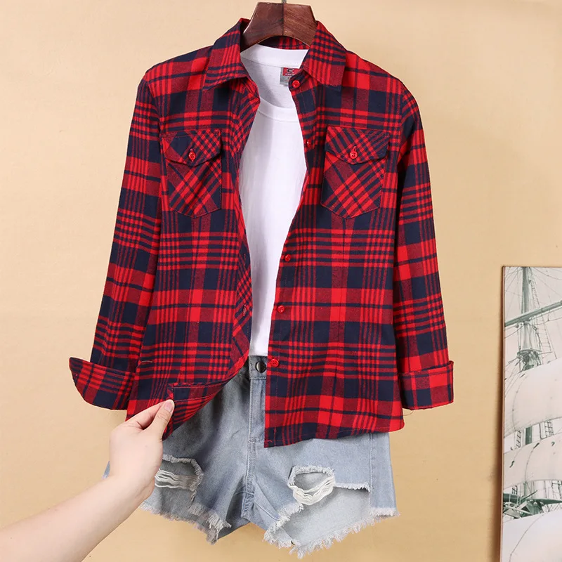2021 New Women Plus Size Blouses Long Sleeve Cotton Shirts Turn-down Collar Flannel Plaid Shirt Casual Female Blouse 4XL 5XLTops | Женская