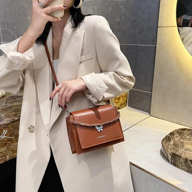 

Fashion PU Small Square Bag Women 2021 Spring New Retro Butterfly Messenger Bag Trendy Wild Shoulder Bag Chain Handbag