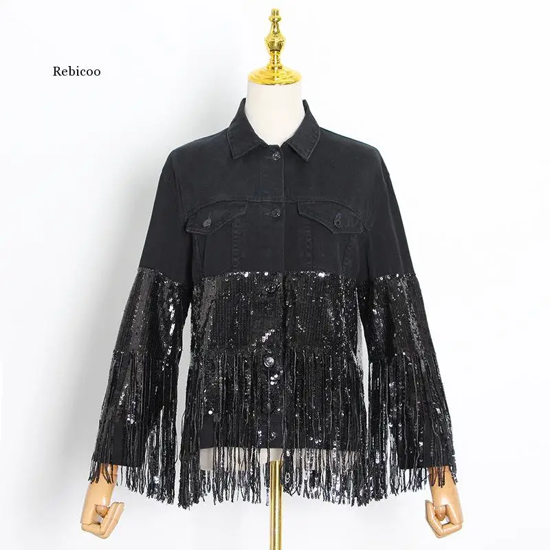 

New Heavy Industry Tassel Sequin Single-Breasted Fashion Denim Jacket