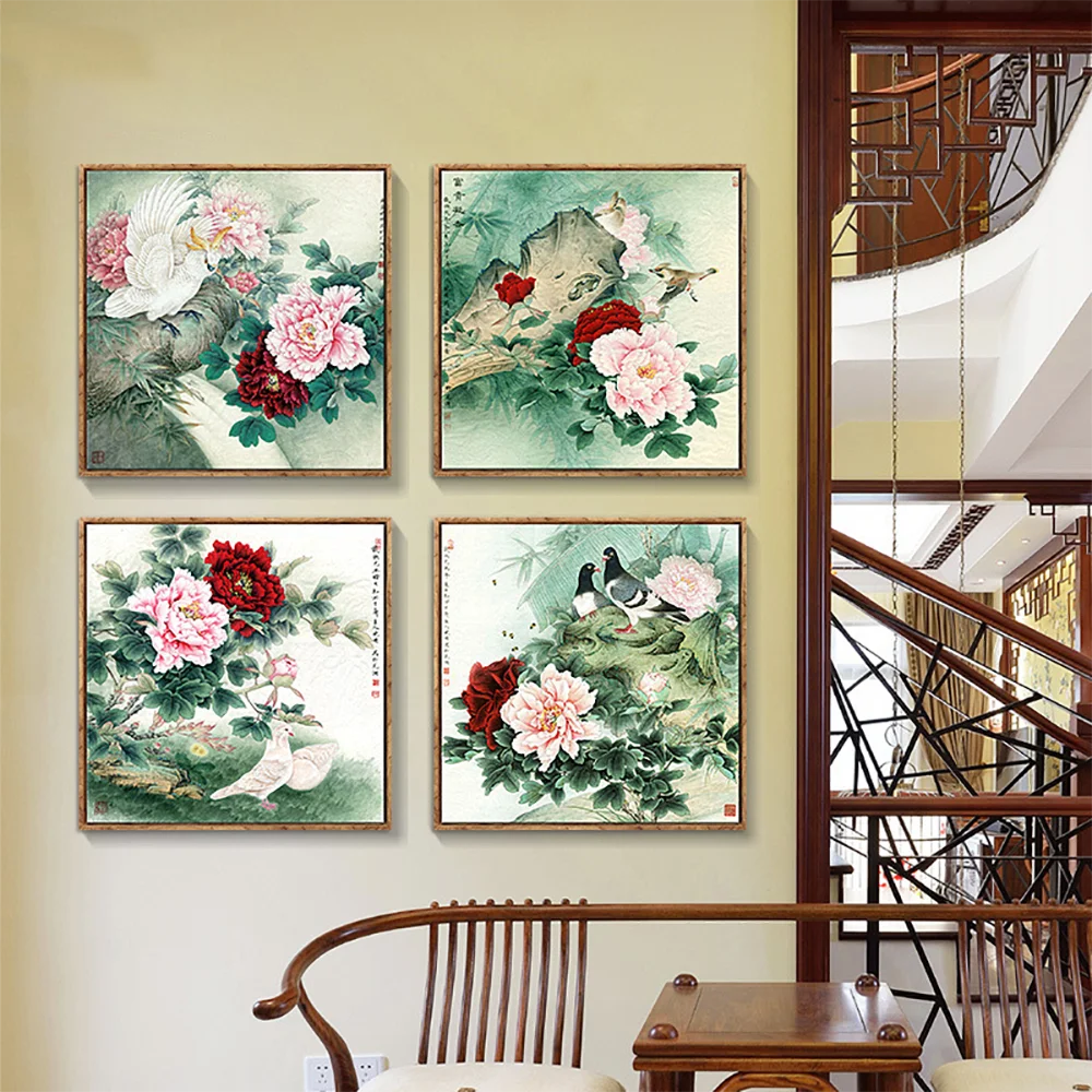 Изящный Цветущий пион Скандинавское искусство картина в китайском стиле холст