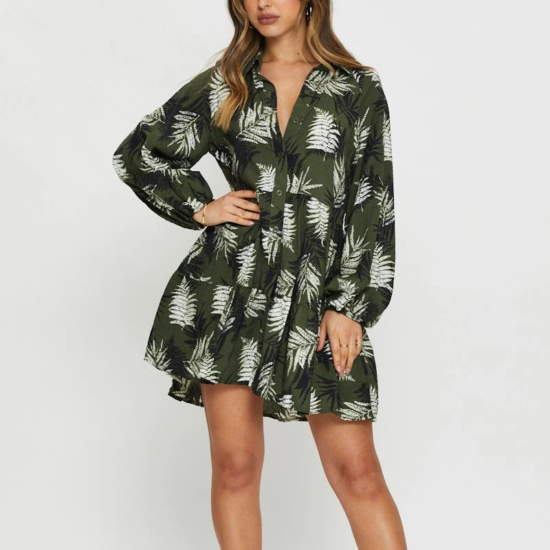 

Autumn Printed Loose Shirt Dress Women Single Breasted Lapel Long Sleeve Casual A Line Green Dress Short Party Vestidos 2021