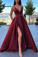 sexy straps long burgundy satin prom dresses with leg slit v neck floor length arabic evening gowns robe high quality