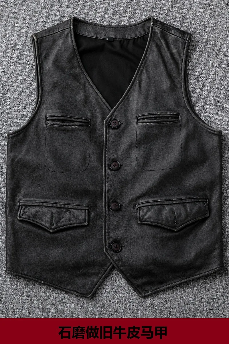 Мужской винтажный жилет из потертой воловьей кожи с несколькими карманами и