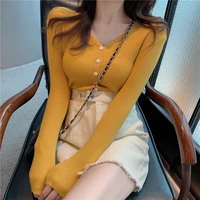 womens spring and autumn new solid color v neck single breasted knit cardigan slim top long sleeve thin casual womens sweater