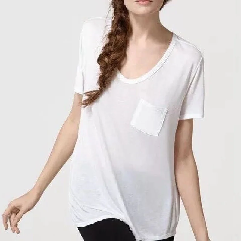 

Women Summer V-Neck T-Shirt 2021 Simple Loose Casual Short-Sleeved Tee Tops with Single Pocket
