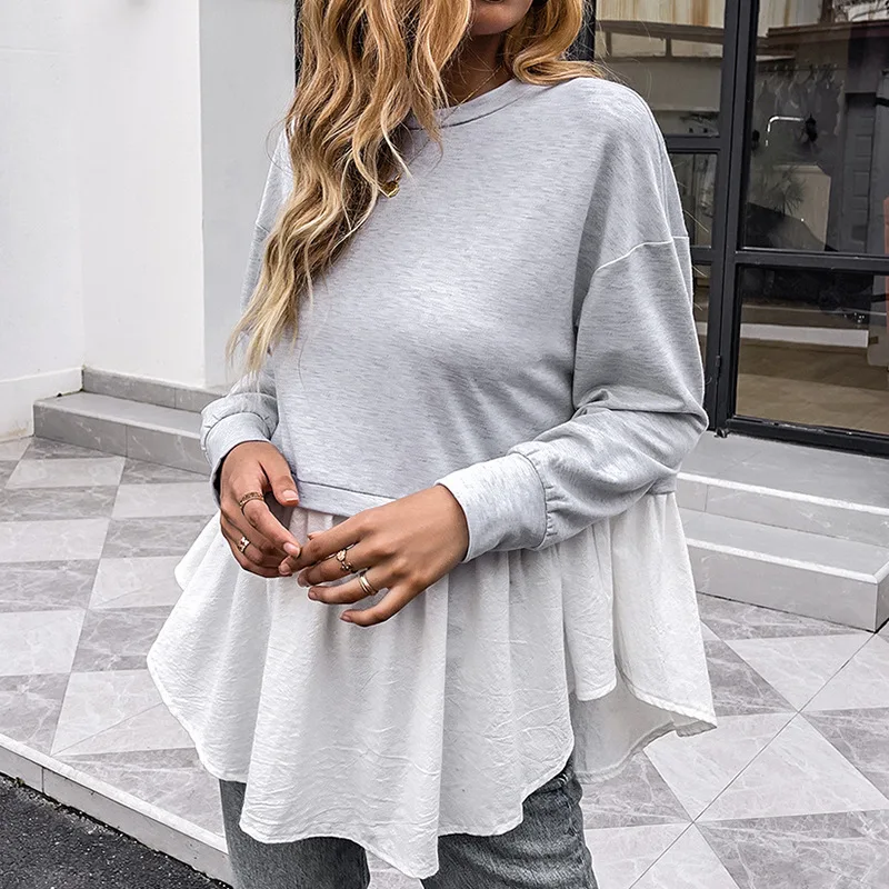 

Fall 2021 New Loose Long Sleeve Round Neck Stitching Solid Color Matching Shirts Ladies Top Blusa Mujer Blouse Blusas