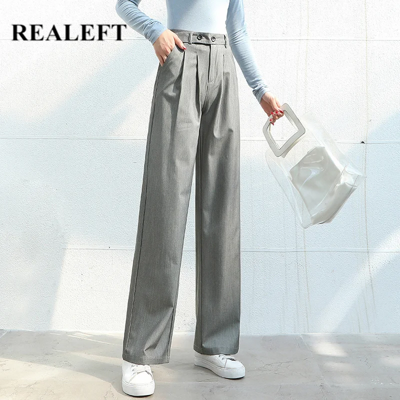 

REALEFT Spring Summer 2020 New Korean OL Style Women Wide Leg Pants Pockets High Waist Elegant Office Lady Casual Chic Pants