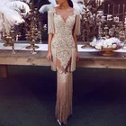 Роскошное платье-Русалка для выпускного вечера цвета шампань с жемчужными кисточками, уникальные вечерние платья с иллюзией шеи, кружевные аппликации, вечерние платья