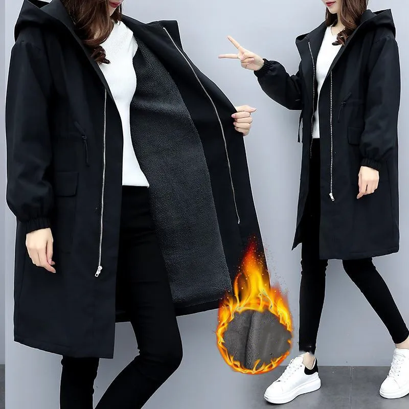 

Trench Coats Women Autumn Winter Hooded Drawstring Pocket Zipper Long Outwear Plus Size Elegant Ladies Thicken Windbreaker Coats