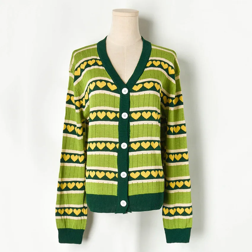 Женский однобортный вязаный кардиган Зеленый жаккардовый свитер с авокадо зима