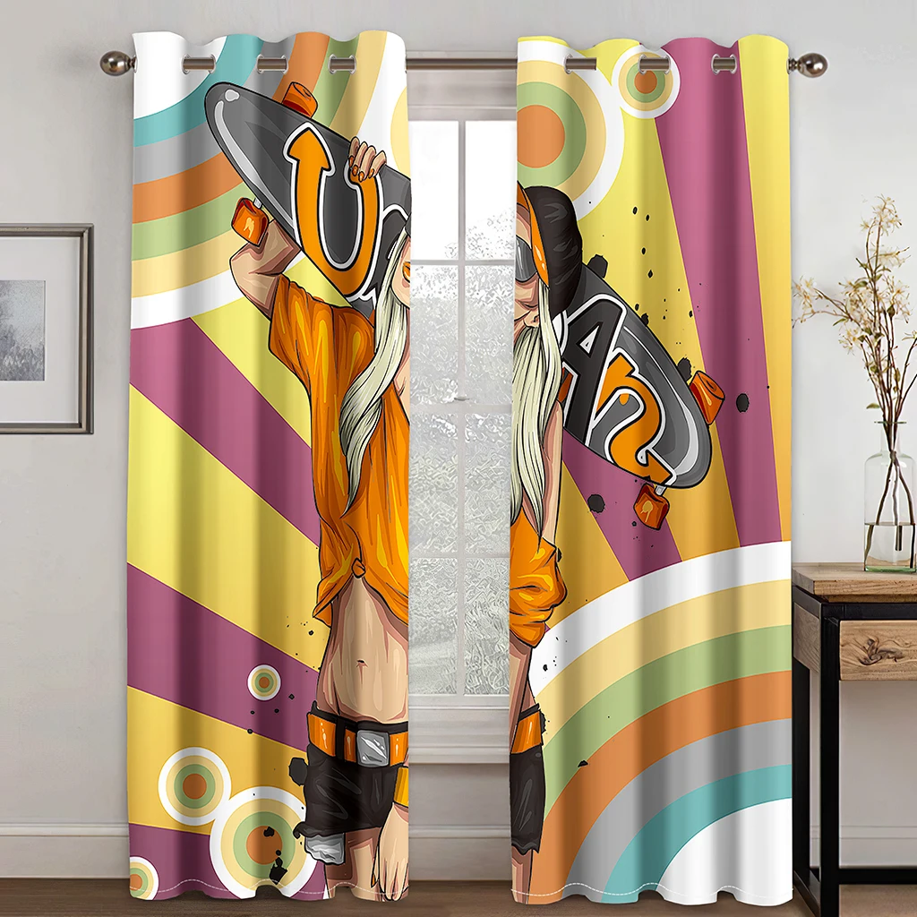 

3D Fashion Skateboard Girl Street Pattern Hook Curtain, Suitable for Family Curtains In Living Room and Children's Bedroom