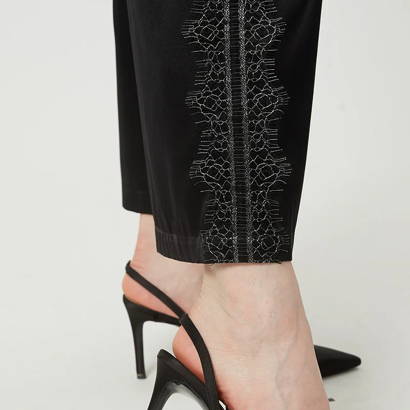 

VOA Silk Satin 19m/m Beef Tendon Waist Side Eyelashes Lace Stitching Stretch Wide Leg Original Black K36 Womens Pants