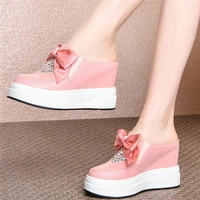 summer fashion sneakers women genuine leather wedges high heel slippers female round toe roman sandals rhinestones casual shoes