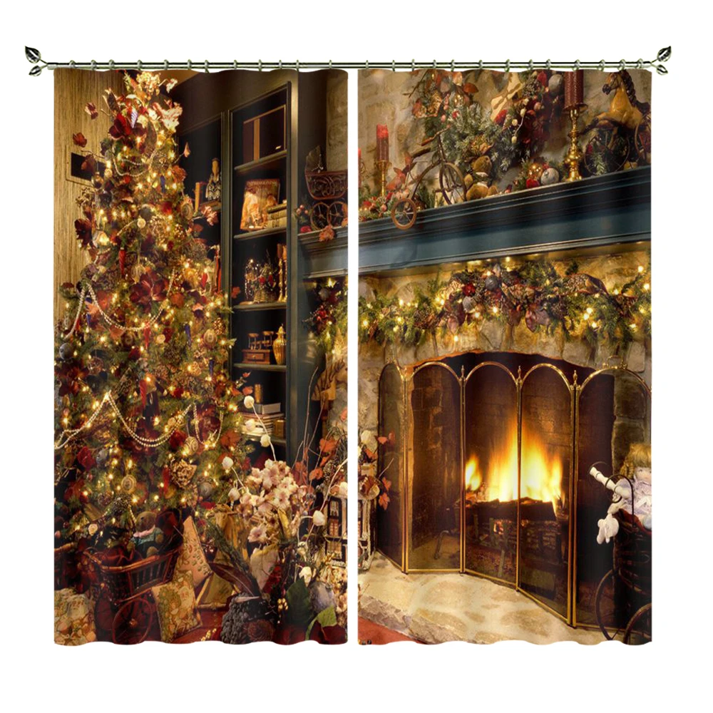 

Golden Fireplace And Christmas Tree Export Products Blackout Heat Insulation Curtains Suitable For Bedroom Christmas