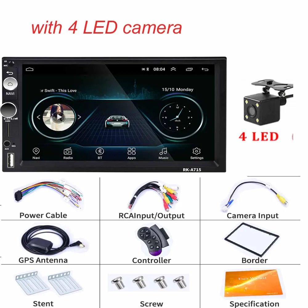 with 4 LED camera Hikity 2din Andriod 8,1 автомобильный мультимедийный плеер gps навигация Bluetooth " MP5 плеер Wifi зеркальная ссылка USB автомобильное аудио-Радио стерео - Цвет: with 4 LED camera