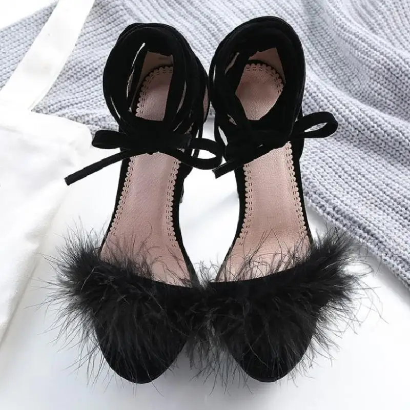 

Korean Version 2020 Summer New Thin Heel 12cm Super High Heel Waterproof Platform Sandals Women's Button Strap Rabbit Hair