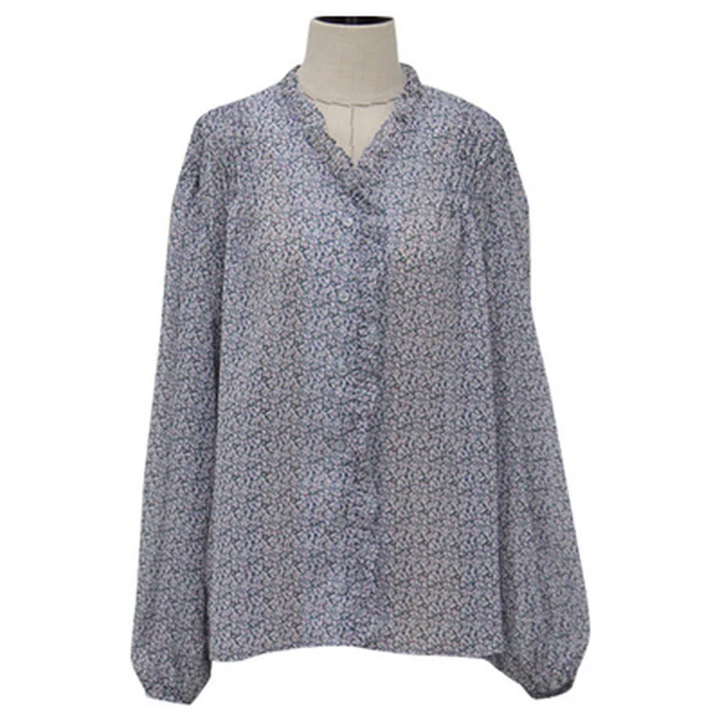 

Vintage Korean Womens Tops and Blouses Long Sleeve Printed Loose Thin Shirts Blusas Mujer De Moda 2021 Elegant V-neck Tops 10207