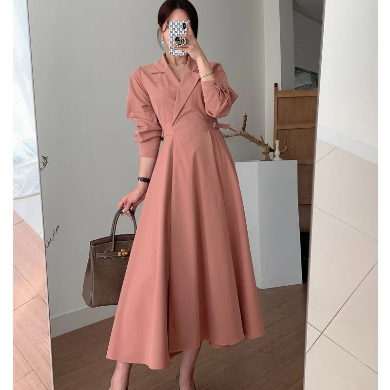 

Korean Autumn Winter Turndown Collar Women Dress Vintage Full Sleeve Elastic High Waist Female Midi Dress Elegant A-Line Vestido