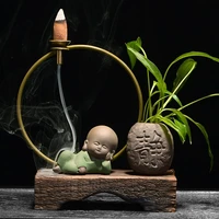 cute monk ceramic backflow incense burner holder smoke waterfall incense sticks holder home decor porcelain censer 20 pcs cones