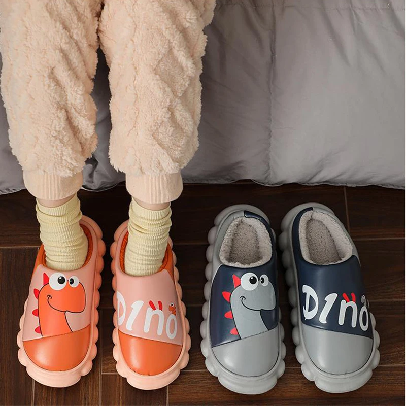 

Waterproof Cartoon Cute Winter Slippers Women 2021 Couples Non-Slip Plush Cotton Soft Platform Indoor Outdoor Home Slippers