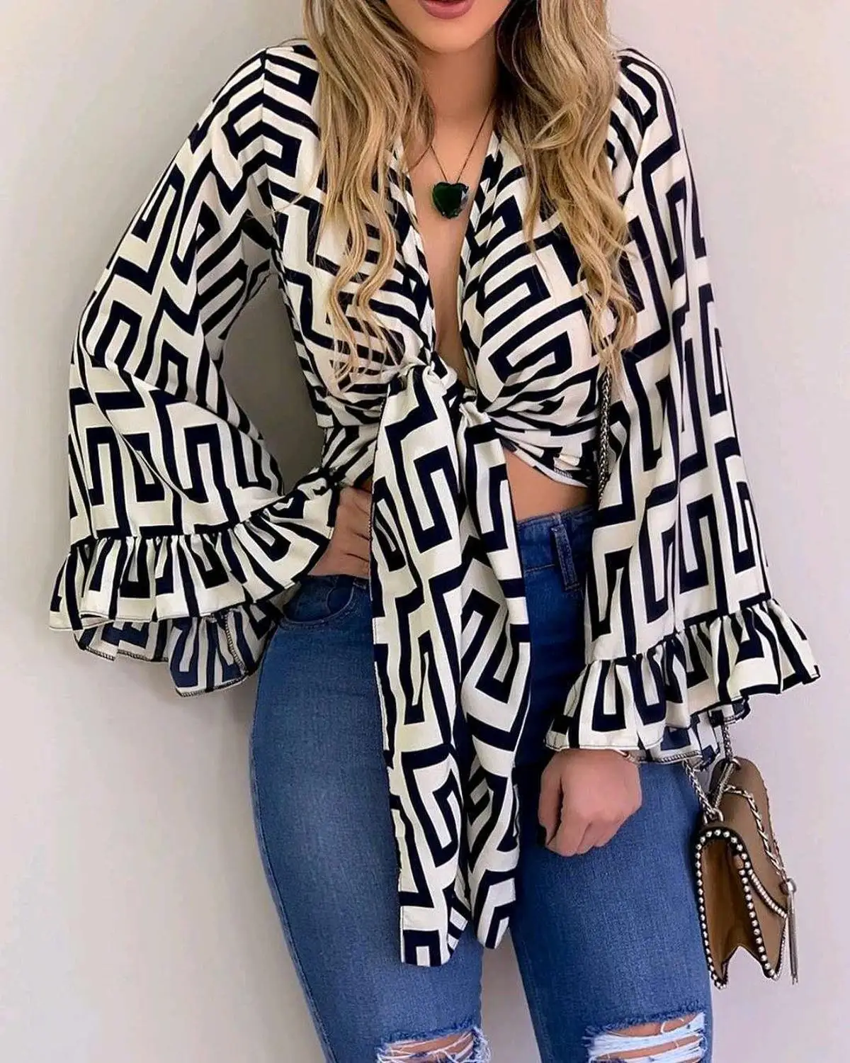 

Женская блуза с запахом, V-образным вырезом и бантом на талии