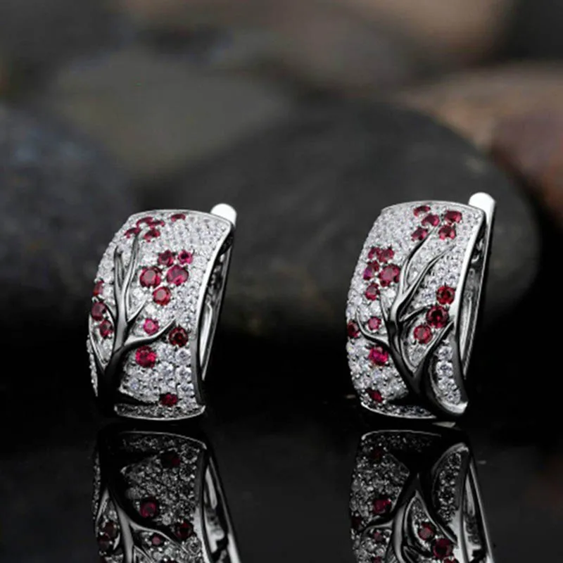 

BLACK ANGEL Ruby Plum Blossom 925 Silver Red Gemstone CZ Clip Earrings 2020 New For Women Fashion Jewelry Christmas Gift
