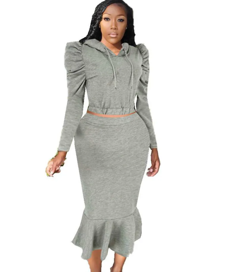 

Winter Women's Suit Hooded Full Sleeve Sweater + Mermaid Mid-length Dress Casual Fashion Two-piece Sportswear Dress