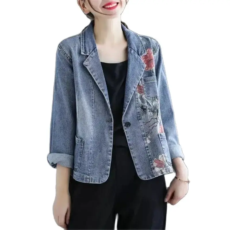 

2023 Spring Autumn New Blazer Retro Literature Art Slim Show Thin Cowboy Printing Women's Suit Jacket Long Sleeve Ladies' Tops