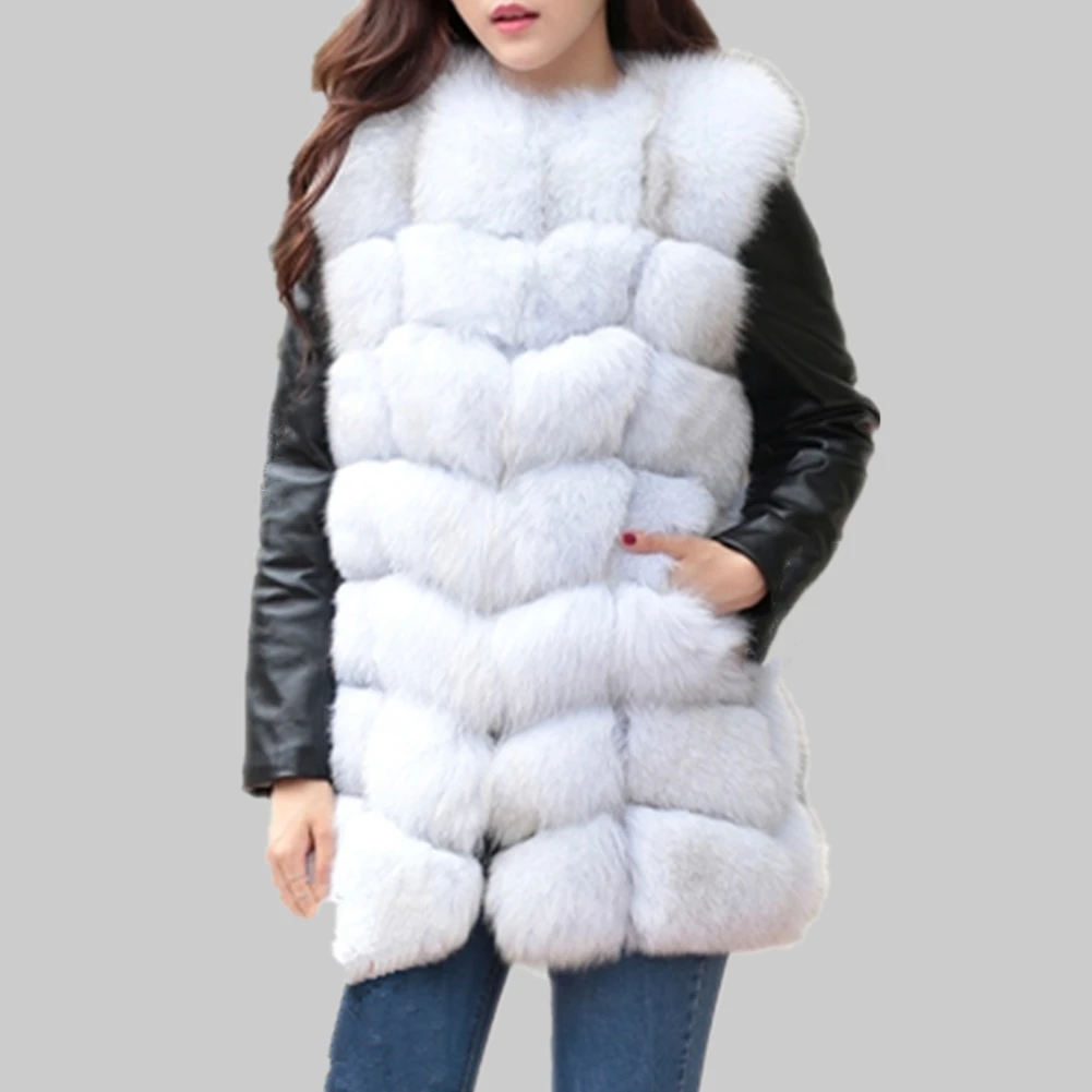 Lisa Colly High Quality Women Imitation Fox Fur Coat Jacket PU Long Sleeves Warm Winter Coat Overcoat thick Fur Coat Outwear