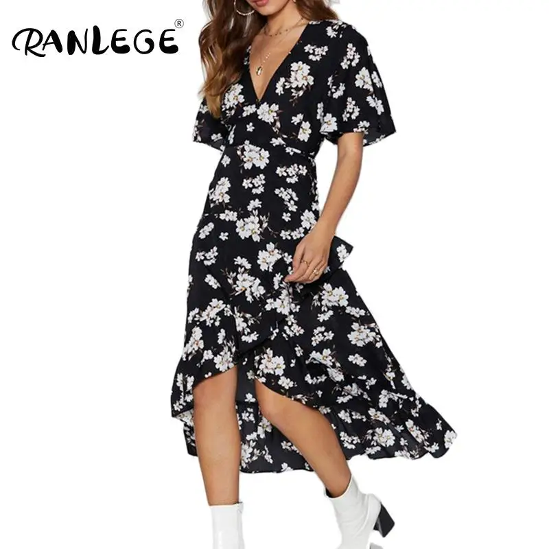 Женское летнее платье с V образным вырезом и коротким рукавом|Женские платья| |