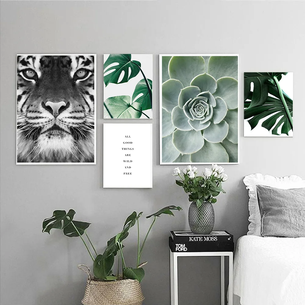 

Nordic Monstera Cactus Leaf Plant Landscape Wall Art Poster Print Tiger Lion Animal Canvas Painting Modern Picture Home Decor