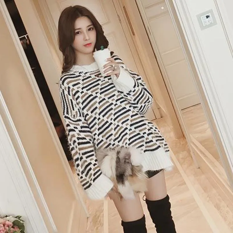 Autumn And Winter New Korean Version Of The Long Section Loose Hooded Mohair Net Red Striped Sweater Women's Clothing | Женская