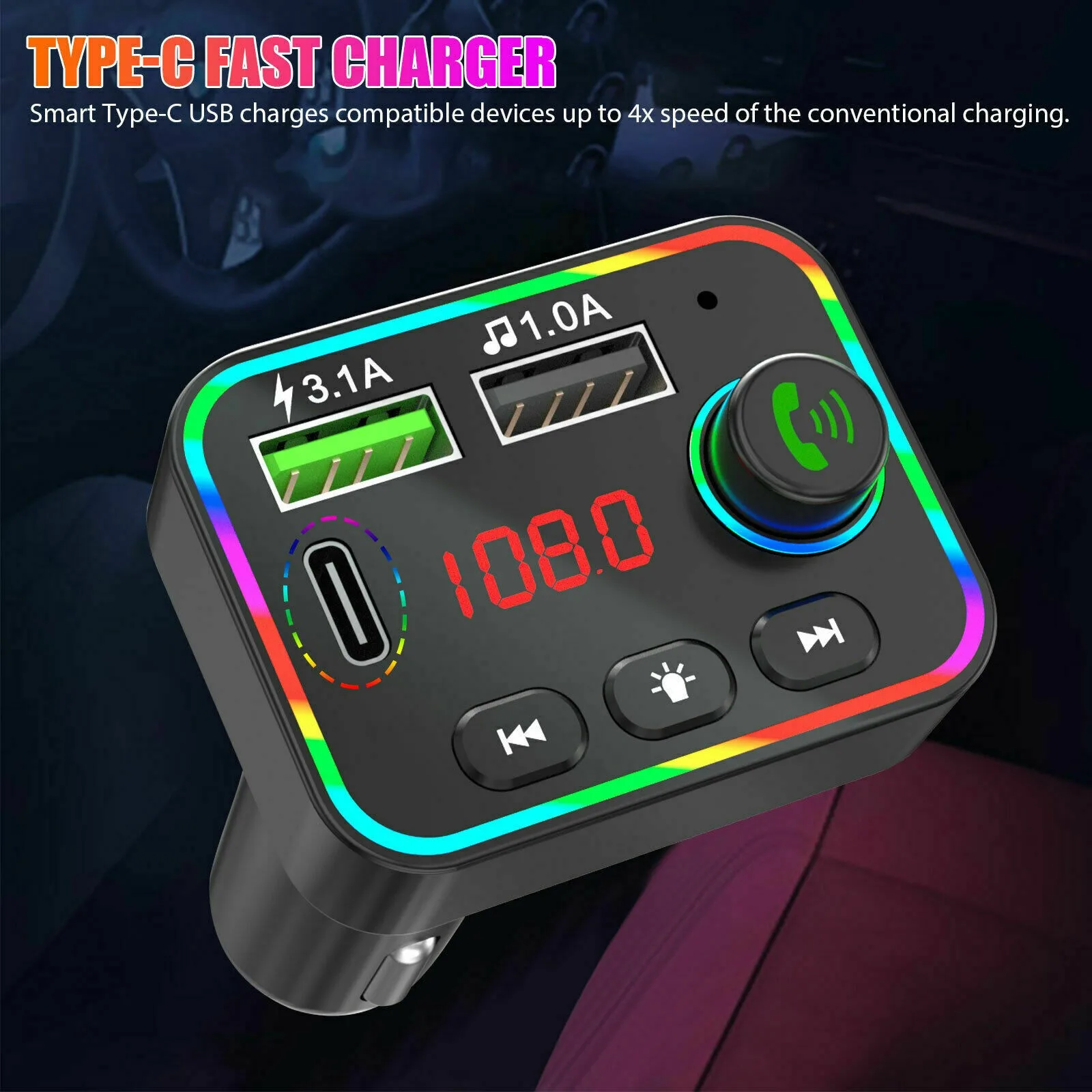 

Car Bluetooth 5.0 FM Transmitter HandsFree Radio MP3 Player AUX Adapter Dual USB PD Charger Port Type-C Charger Set Accessories