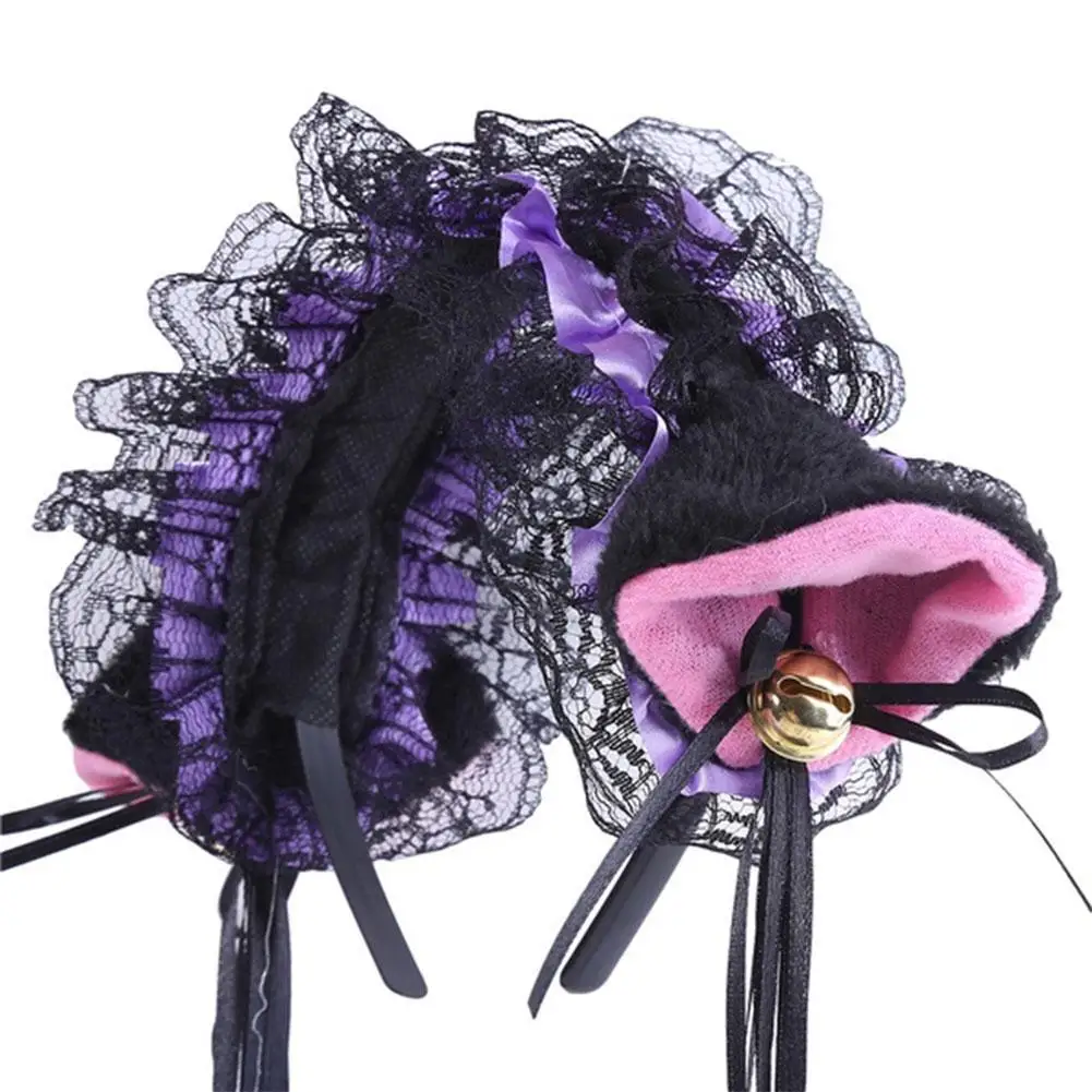 Ободок для волос Женский кружевной с оборками и кошачьими ушками плюшевый