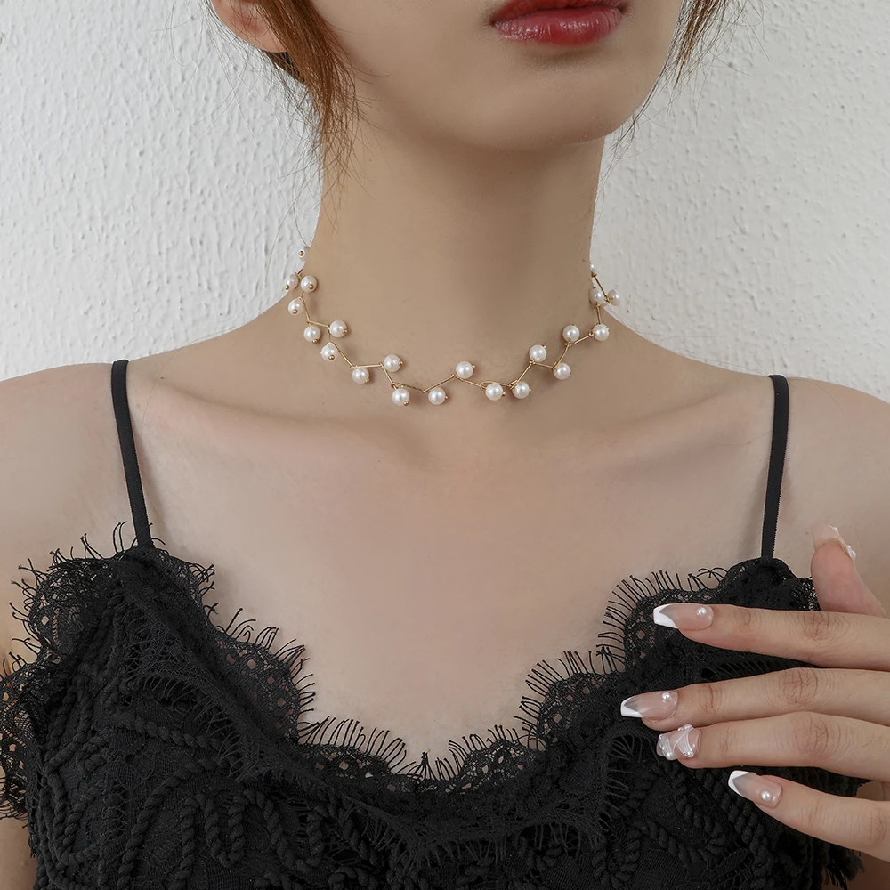 

Lost Lady 2021 New Women's Neck Chain Kpop Pearl Choker Necklace Gold Color Jewelry Clavicle Chain Elegant Collar For Girl