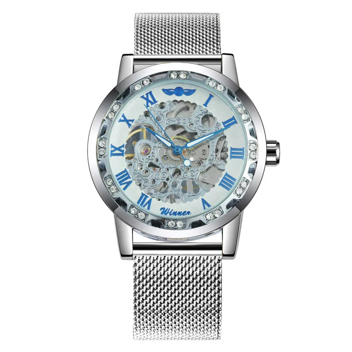 SILVER BLUE WHITE WINNER роскошные женские механические часы, часы с скелетом, мужские Ультра тонкие сетчатые часы с ремешком, элегантные деловые часы унисекс, пара часов - Цвет: SILVER BLUE WHITE