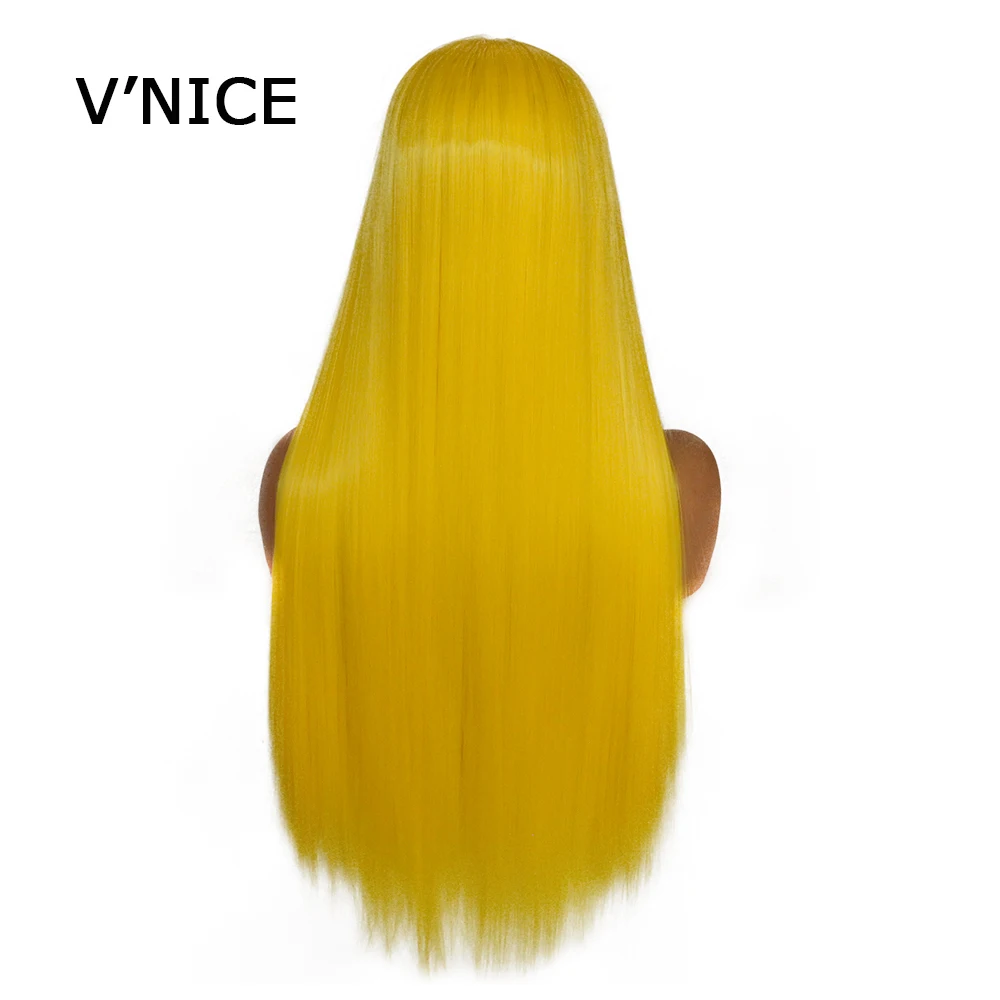 Yellow V'NICE платиновый блондин парик на кружеве для белых женщин натуральный бесклеевой Синтетический прямой парик термостойкие волокна волос - Цвет: Yellow