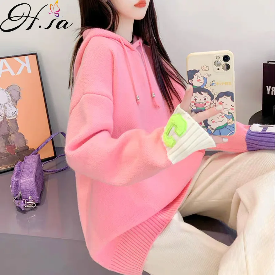 

Hsa корейский стиль 2022, женский весенний свитер с капюшоном, джемперы Amd, зимний утолщенный Свободный пуловер в Корейском стиле, розовый трико...