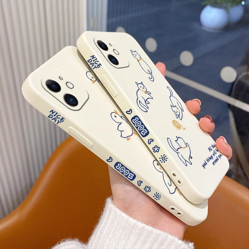 Happy Cat And Duck Phone Case For iPhone 12 13 Pro Max 11 X XS  XR XSMAX SE2020 8 8Plus 7 7Plus 6 6S Plus Silicone Cover