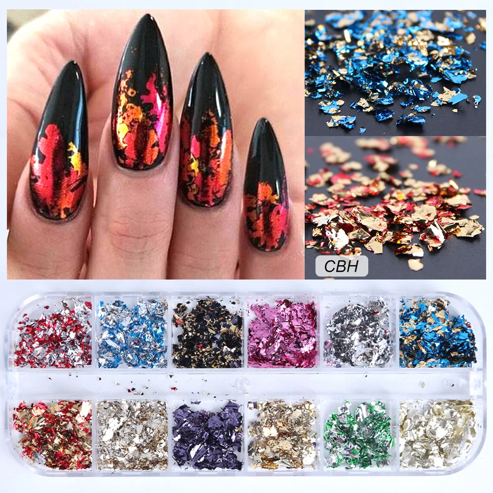 

12Grid Gold Foils Gorgeous Nails Glitter Flakes Paillette Chip Aluminum Nail Design Shinny Nail Art Decoration Accessories