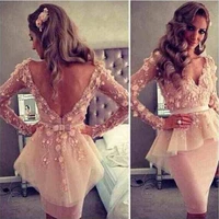 2020 myriam fares blush pink v neck long sleeves lace flowers sheath backless peplum celebrity dresses cocktail dresses