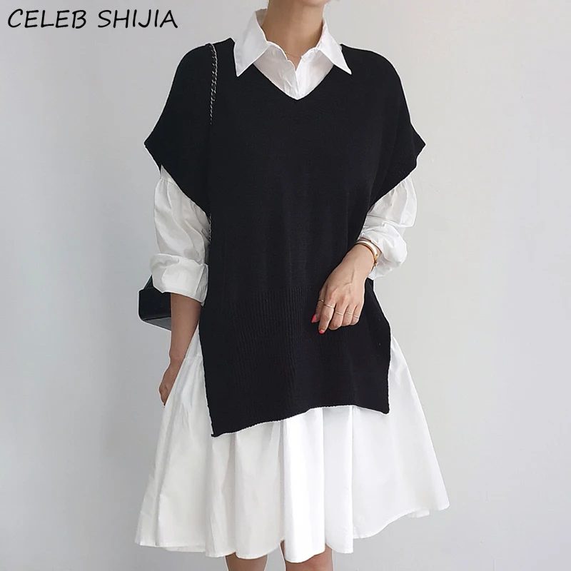 

Autumn Woman Shirt Dress with Split Knitted Vest Fall Long Sleeve Single-breasted White Dress Woman Korean Fashion Vestido