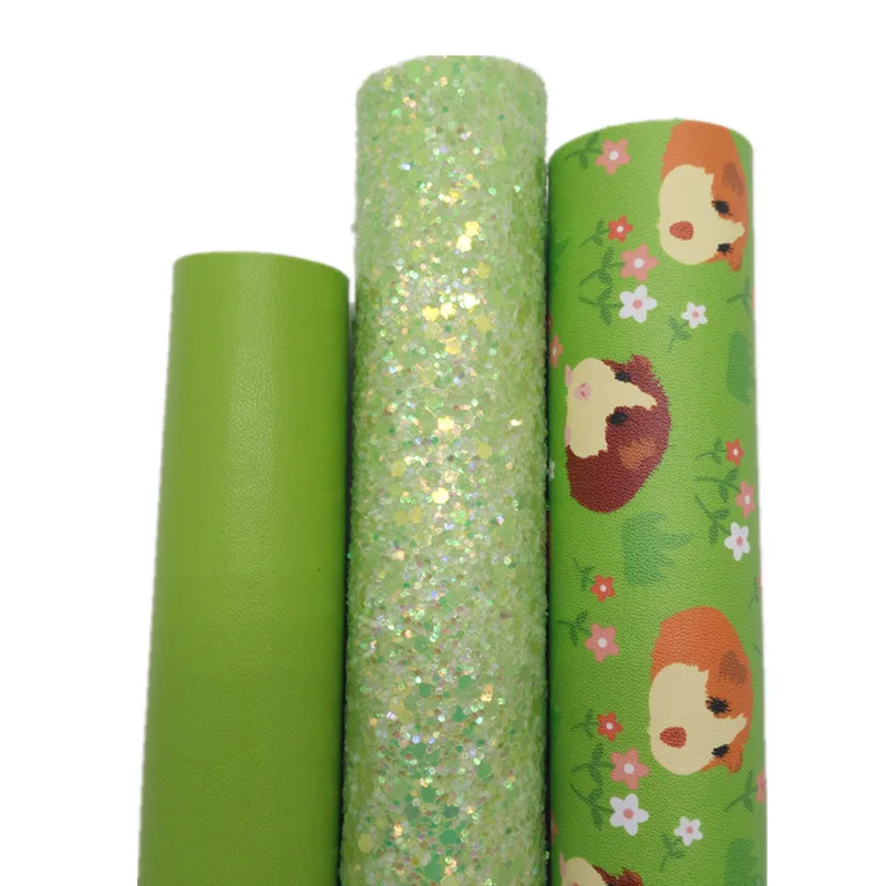 3PCS/SET Green Glitter Vinyl Fabric Matching with Hedgehog Printed Smooth Faux Leather For Bows Earrings DIY 21X29CM Q184