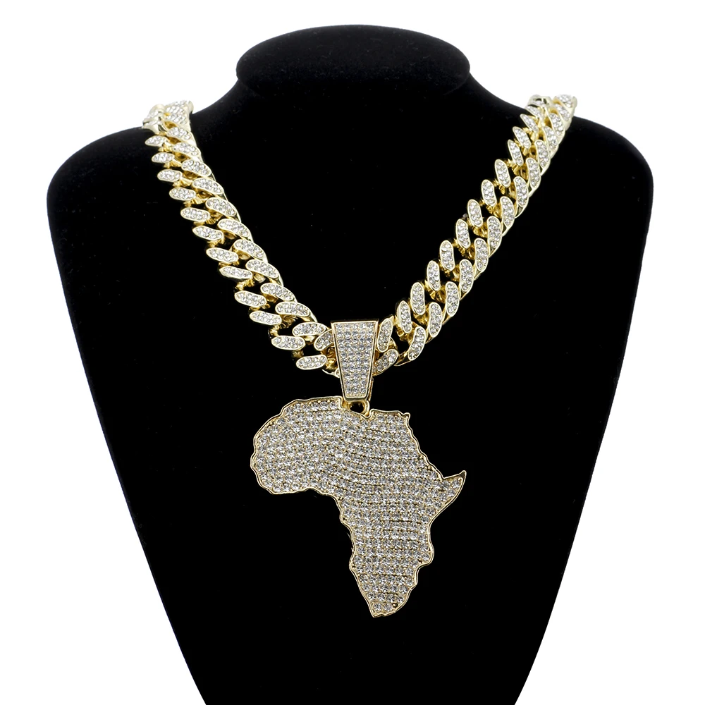 

Fashion Crystal Africa Map Pendant Necklace For Women Men's Hip Hop Accessories Jewelry Necklace Choker Cuban Link Chain Gift