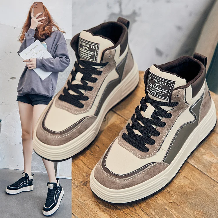 

2021 fashion autumn and winter thick bottom leather high-top sports shoes women's hundred tape plus velvet cotton shoes female