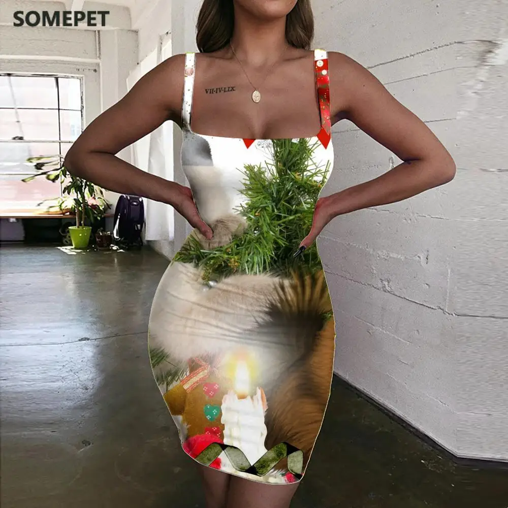 

SOMEPET Christmas Dress Women Cat Halter Sleeveless Animal Ladies Dresses Party Sundress Womens Clothing Club New Boho Fashion