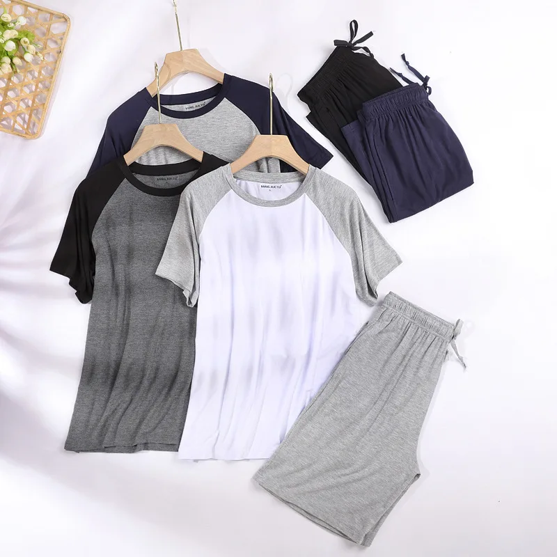 

Men's Summer Short-Sleeved Shorts Modal Pajamas Casual Loose Plus-sized Men Sleepwear O-Neck Patchwork Nightwear 2 Piece Set